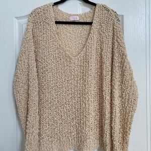 Pink Lily Cream V-Neck Beach Sweater Knit